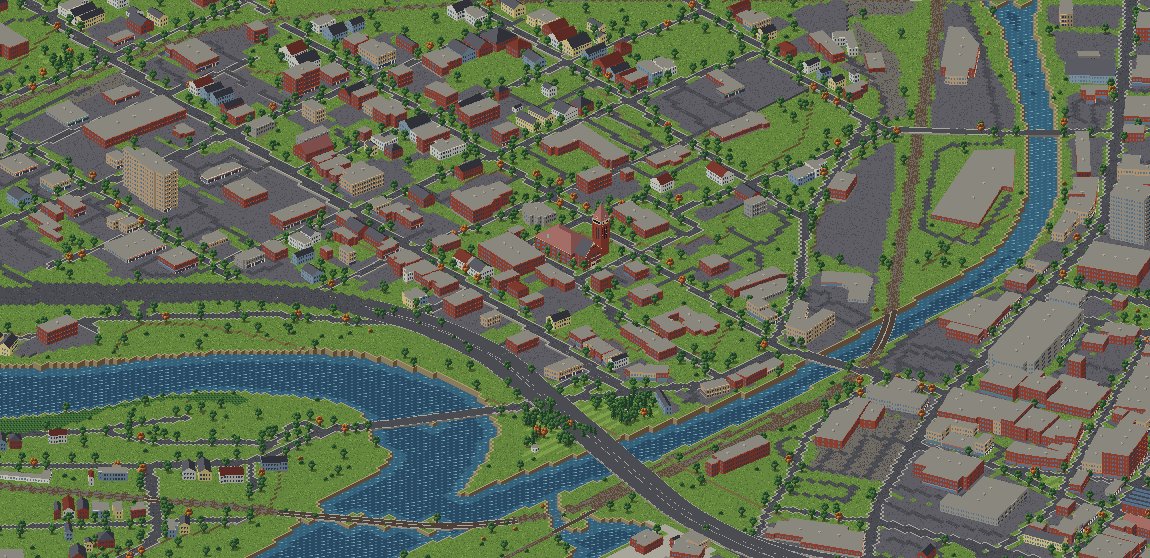 Isometric pixel-art map of downtown Cumberland with red brick buildings, streets, trees and the river